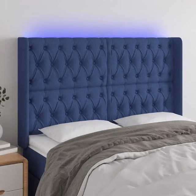 Testiera per letto con illuminazione LED e porta USB vidaXL in tessuto blu, L: 163 cm, P: 16 cm, H: 118-128 cm