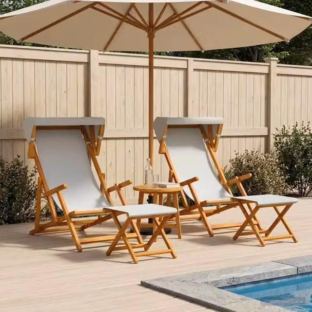 Set di 4 lettini prendisole vidaXL in legno di eucalipto con schienale regolabile e tessuto resistente beige e bianco per giardino e terrazzo