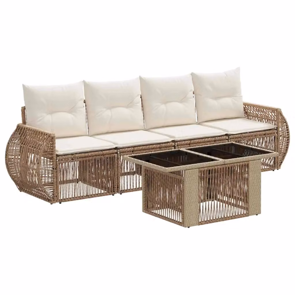 Set Divano da Giardino 5 Pezzi vidaXL in Polyrattan Beige e Bianco con Cuscini e Tavolino da Esterno – 2
