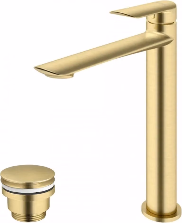 Rubinetto da lavabo con bocca alta e scarico a scomparsa (tappo) oro spazzolato
