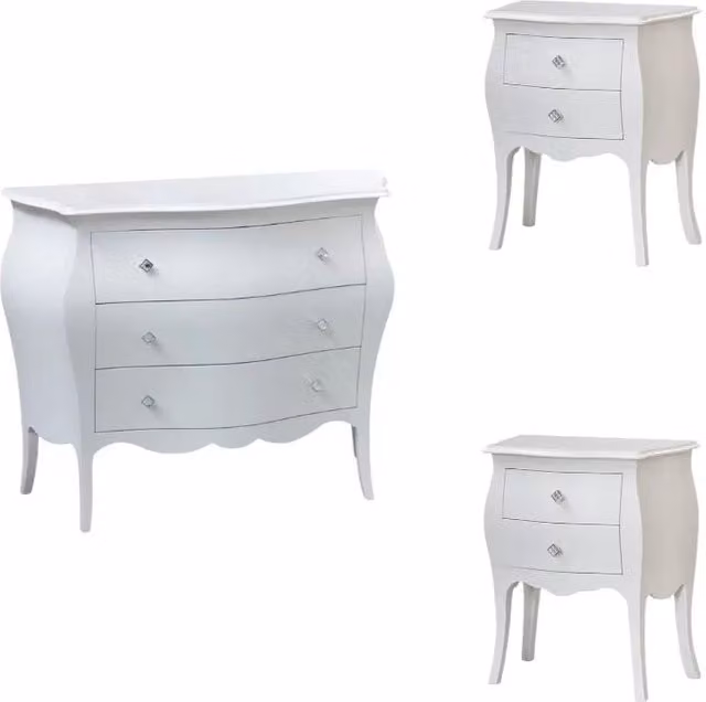 Set composto da una cassettiera e due comodini in stile shabby chic bianco con dettagli Swarovski Mobili 2G L/P/H: 118 x 50 x 85 cm