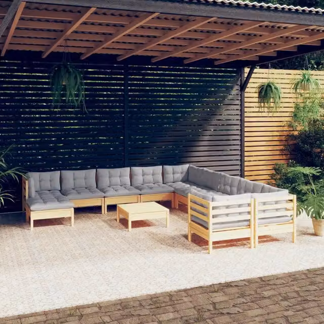 Set di Divani da Giardino a Forma di U vidaXL in Legno Massello di Pino con Cuscini Grigi 12 Pezzi