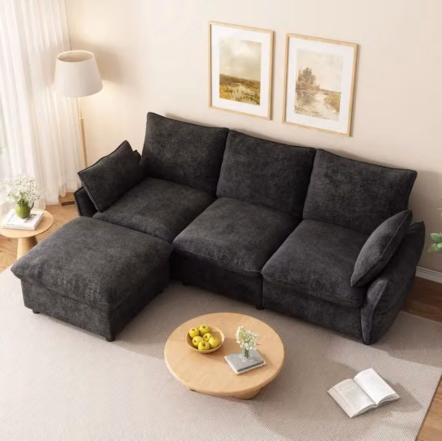 Divano angolare a L con pouf in ciniglia; 222;5 × 154;5 × 76;5 cm; grigio scuro