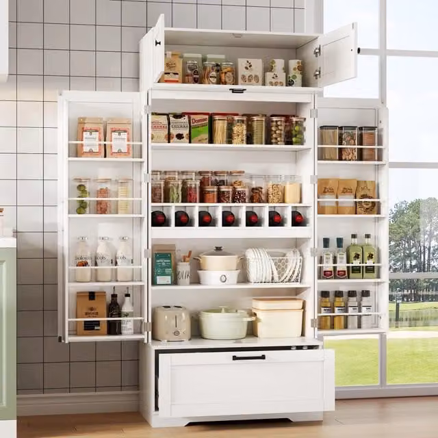 Credenza cucina alta con cassetto, 7 vani portabottiglie e 2 ripiani regolabili, bianca, 80 × 40 × 180 cm