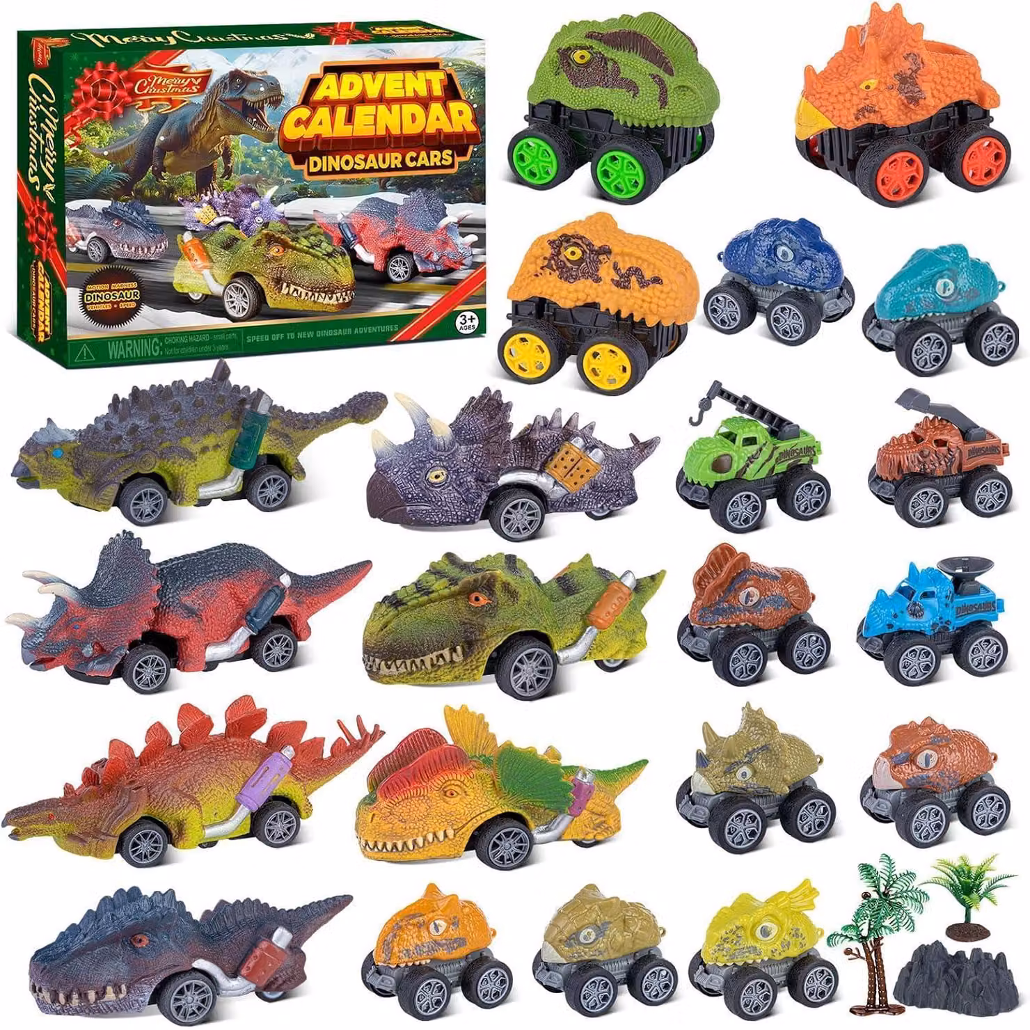 Calendario dell'Avvento a tema dinosauri, auto giocattolo, 2025. 24 giorni di divertimento con auto dinosauro "pull-back"