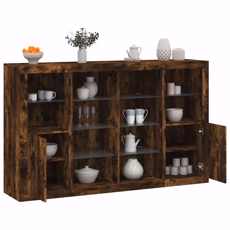 Set di 3 credenze moderne vidaXL con luci LED integrate in legno multistrato e MDF, colore rovere fumo marrone
