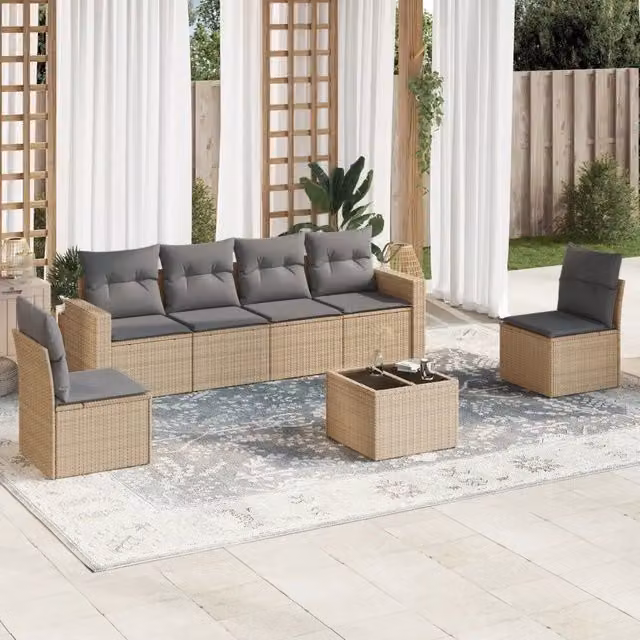 vidaXL Set Divani da Giardino 7 Pezzi in Polyrattan con Cuscini Beige e Grigio e Tavolino da Esterno