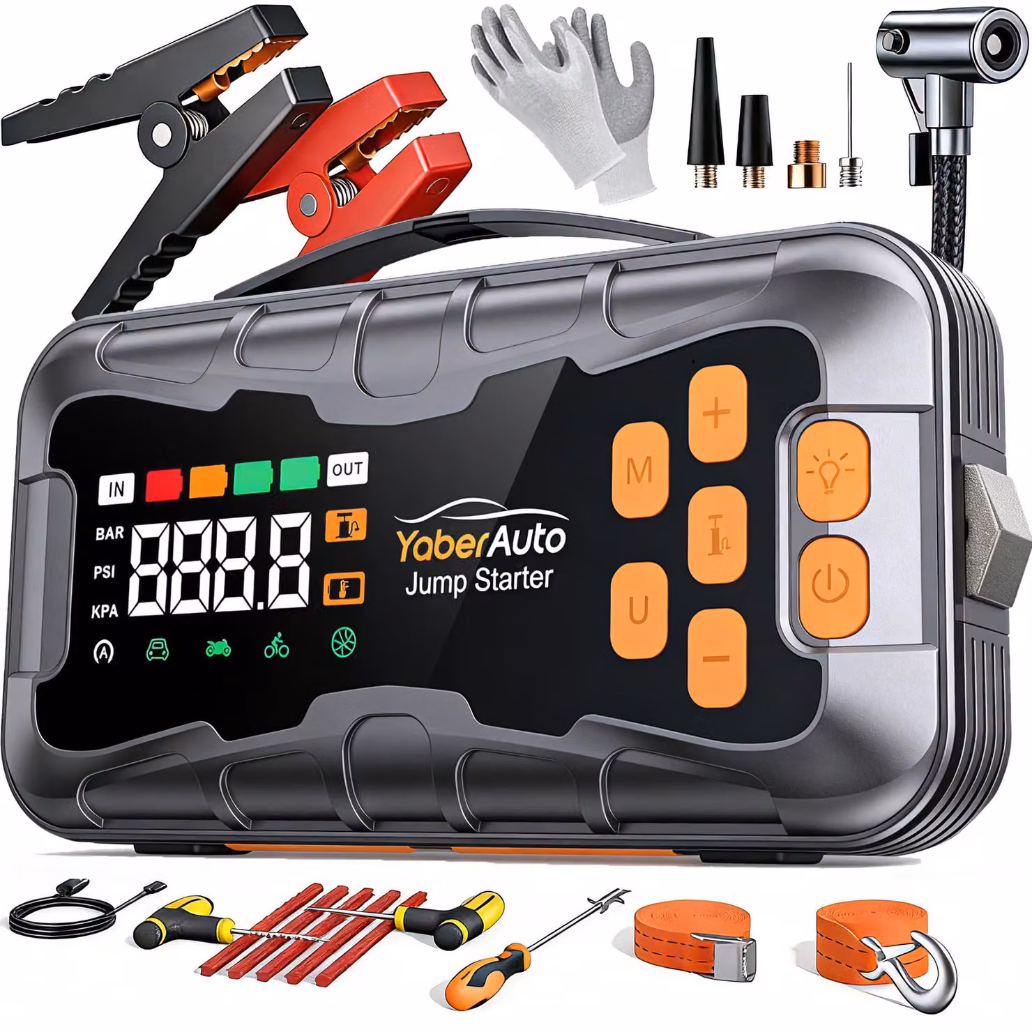 Avviatore di emergenza per auto - Potenza di avviamento: 8000A - Capacità della batteria: 27000mAh - Compatibile con veicoli a 12V - Con compressore - Kit di emergenza - Torcia