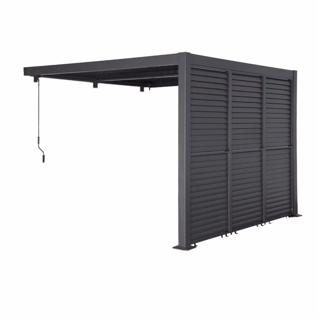 Pergola bioclimatica addossata in alluminio SWEEEK colore antracite con 3 persiane da 100 cm, L: 300 cm x P: 300 cm – 2