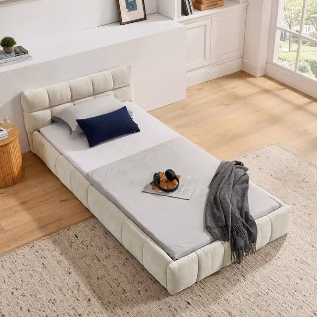 Letto singolo per bambini 90 × 200 cm imbottito in legno e ferro beige con rivestimento in ciniglia