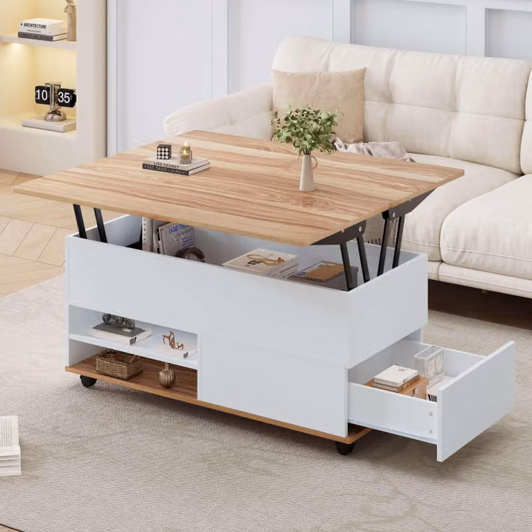 Tavolino Merax 100x98x65cm con cassetti e ripiano, tavolo da soggiorno regolabile in altezza con rotelle e vano portaoggetti, tavolino multifunzionale nature