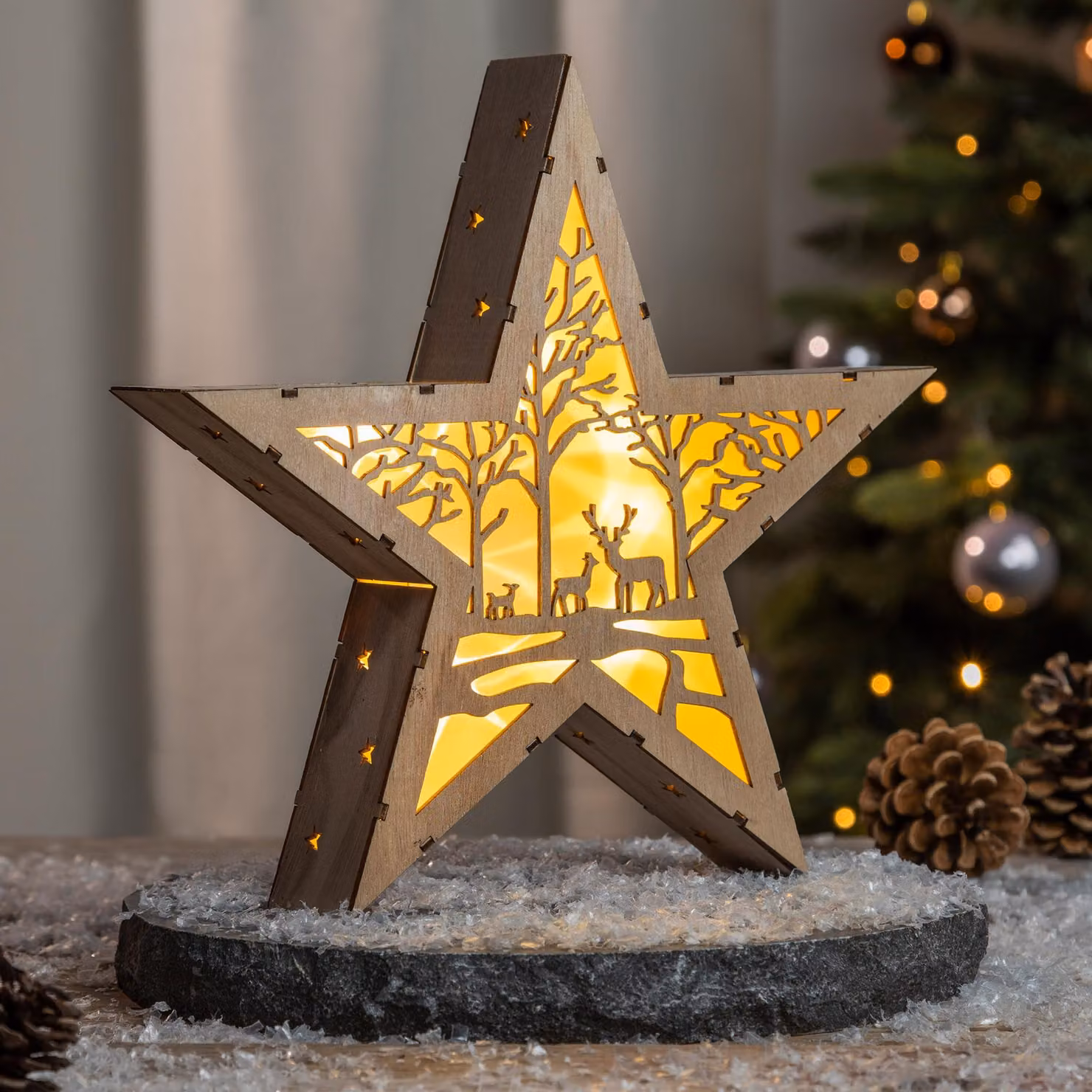 Stella di legno a LED, 30 cm, motivo boschivo, luce bianco caldo, decorazione da tavolo