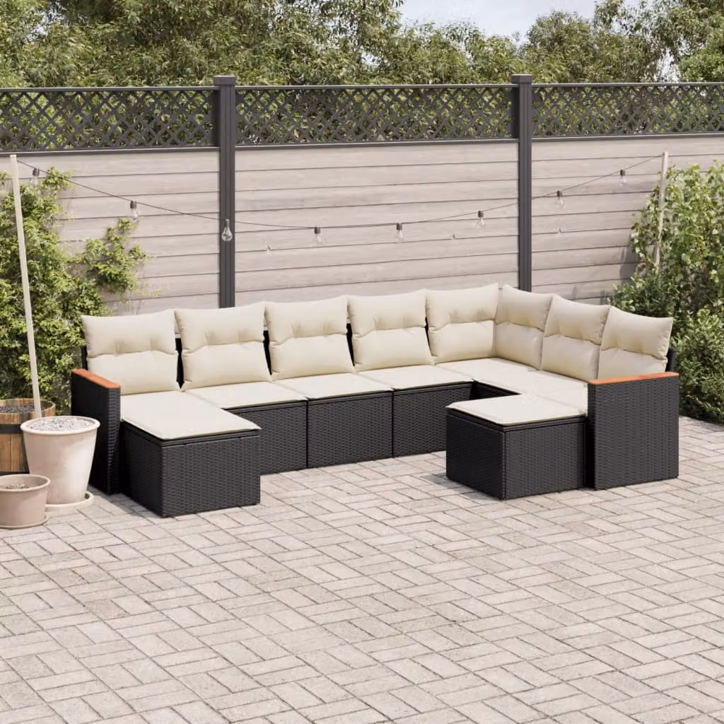 vidaXL Set Divani da Giardino a L 9 pz con Cuscini, Polyrattan e Acciaio Verniciato, Nero e Bianco – 1