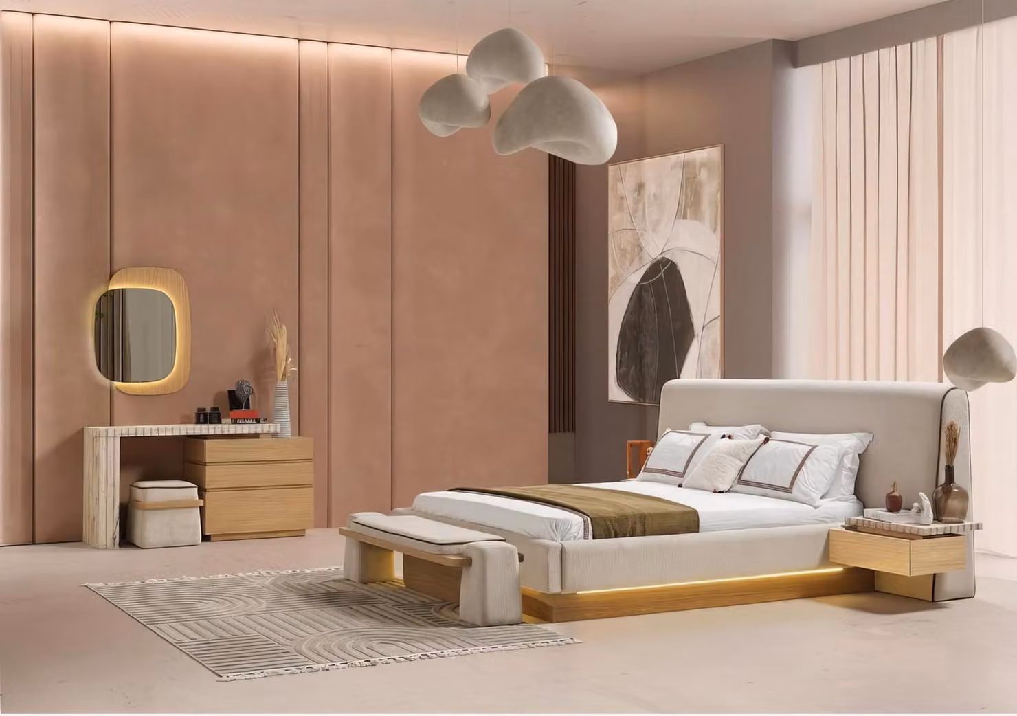 Set per camera da letto: letto, comodini, toeletta, specchio, panca, colore beige, design elegante