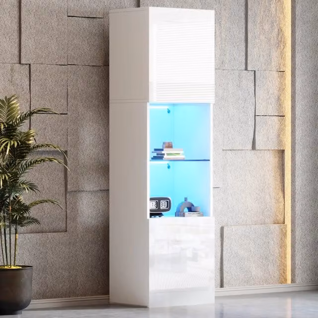 Vetrina con LED Bluetooth; 2 vani e ripiano in vetro temperato bianco lucido 45 × 35 × 160 cm