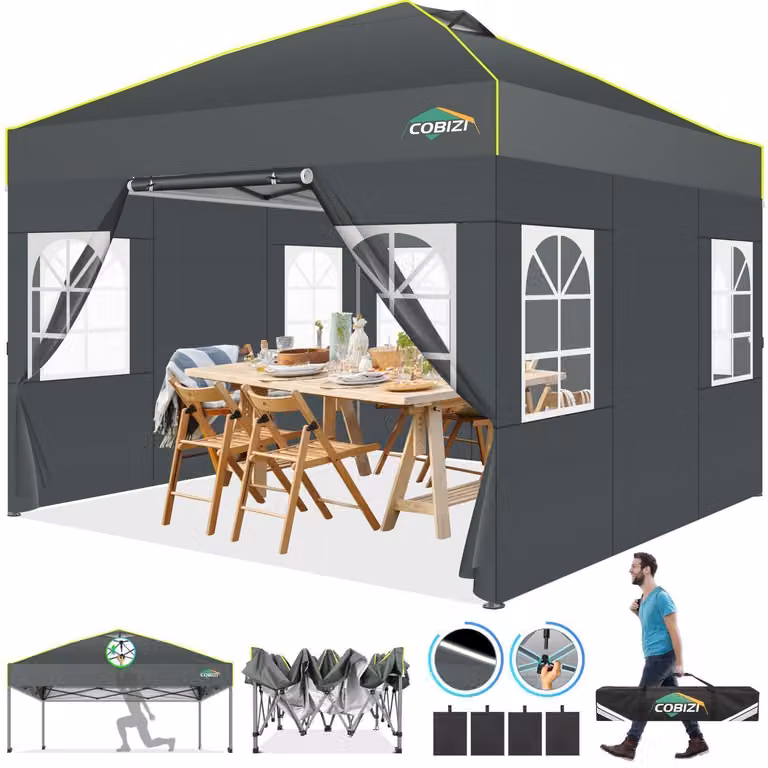 Gazebo da esterno 3x3 metri, impermeabile, stabile, di colore grigio, con 4 pareti laterali