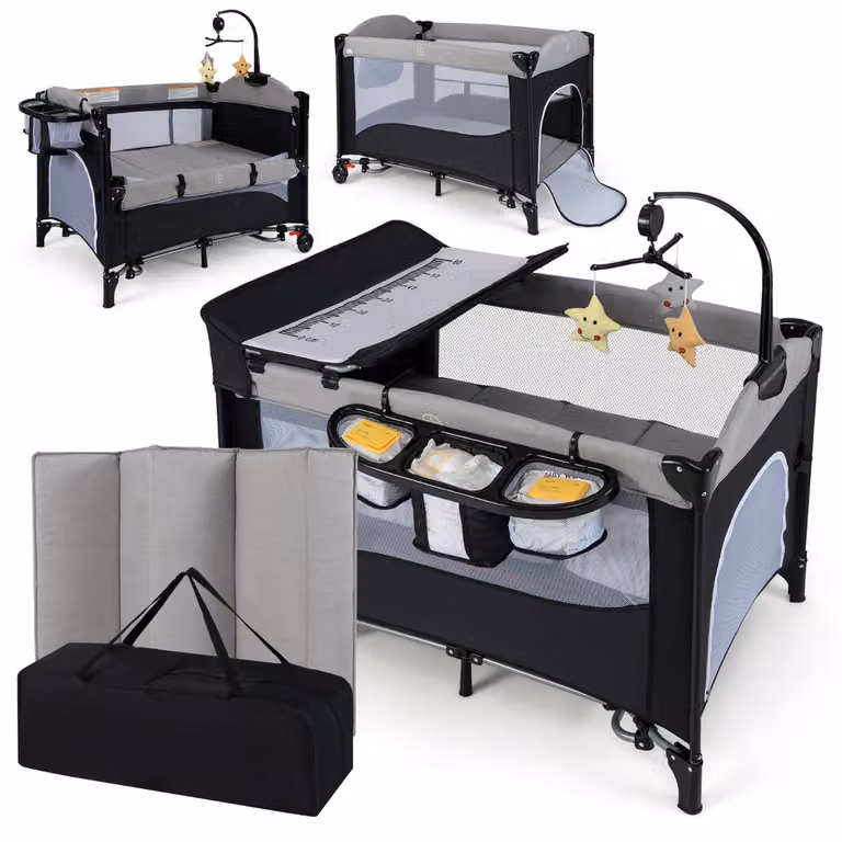 Costway Lettino da viaggio 6-in-1 con fasciatoio e materasso, pieghevole per bambini fino a 15 kg, Grigio chiaro