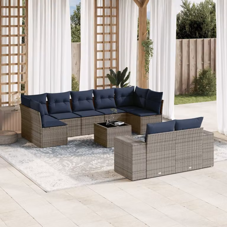 Set da giardino vidaXL in polyrattan da 10 pezzi con cuscini grigi e blu, composizione a L con divani, elementi angolari e tavolino da caffè con struttura in acciaio verniciato a polvere