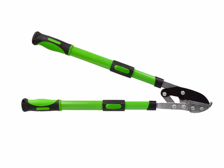 Forbici telescopiche professionali con funzione di incudine, regolabili da 680 a 940 mm, lame in acciaio HCS con rivestimento in Teflon, manici antiscivolo in PP/TPR.