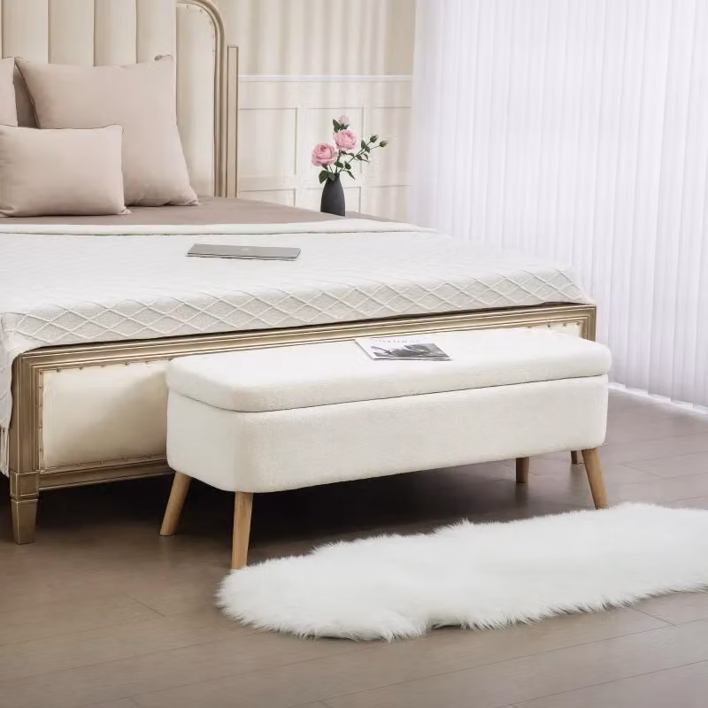 Panca contenitore OKWISH in legno di caucciù bianco con seduta imbottita in pile, L 120 x P 42 x H 45 cm – 2