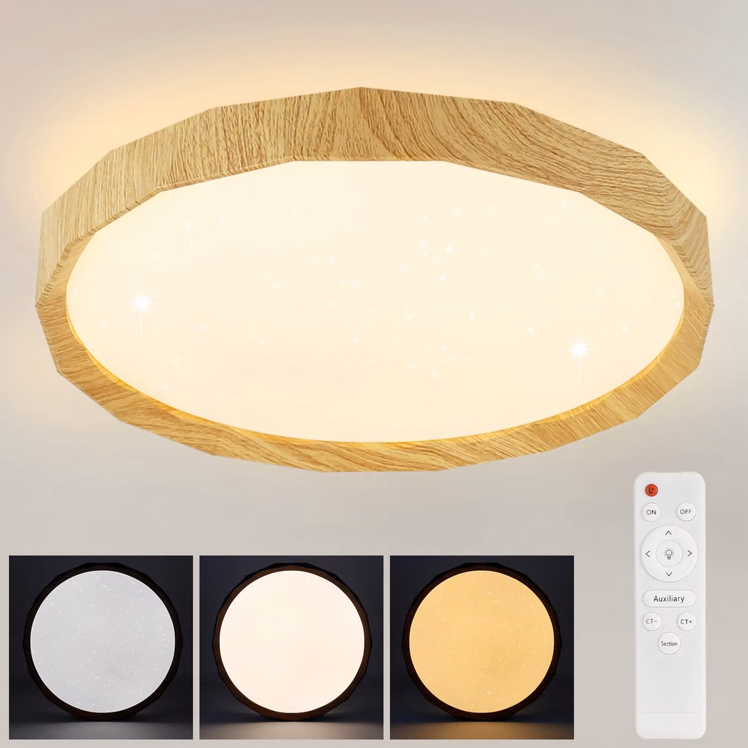 ZMH lampada da soffitto LED soggiorno - 43W camera da letto plafoniera Ø40cm dimmerabile con telecomando soggiorno lampada rotonda cielo stellato moderno look legno per corridoio cucina