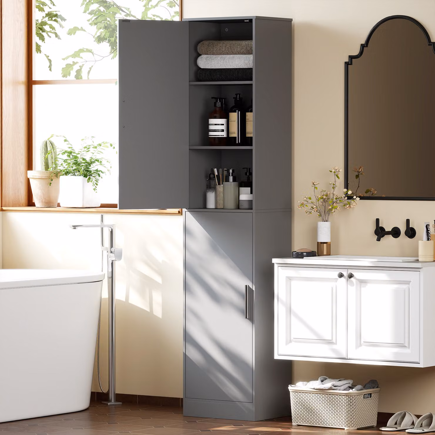 Colonna bagno HOMCOM grigia con 2 ante e 4 ripiani regolabili, L 40 cm x P 35 cm x H 180 cm – 2