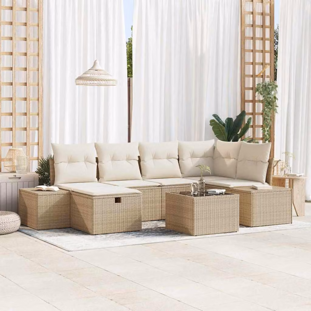 Maison Exclusive - Set da giardino composto da 7 pezzi, divano e poltrone, in rattan sintetico beige