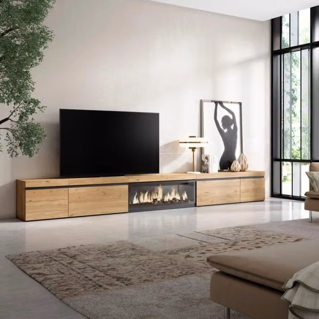 Mobile TV Soggiorno, 368x35x45, Camino elettrico XXL, colore Rovere RF3692