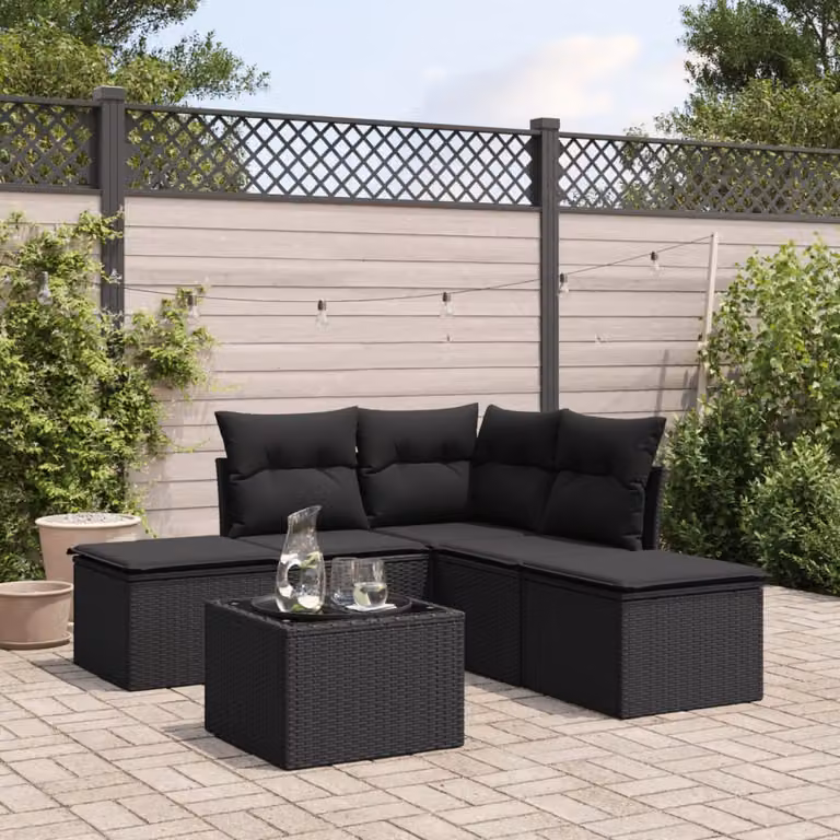 Set Divano da Giardino vidaXL 6 pz in Polyrattan Nero con Cuscini e Tavolino da Esterno a Forma di L