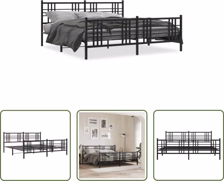 The Living Store Struttura letto con testiera e pediera in metallo nero 193x203 cm