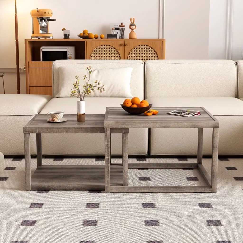 Set di 2 tavolini laterali rettangolari impilabili Design Mania in legno di gomma e MDF, Grigio – 2