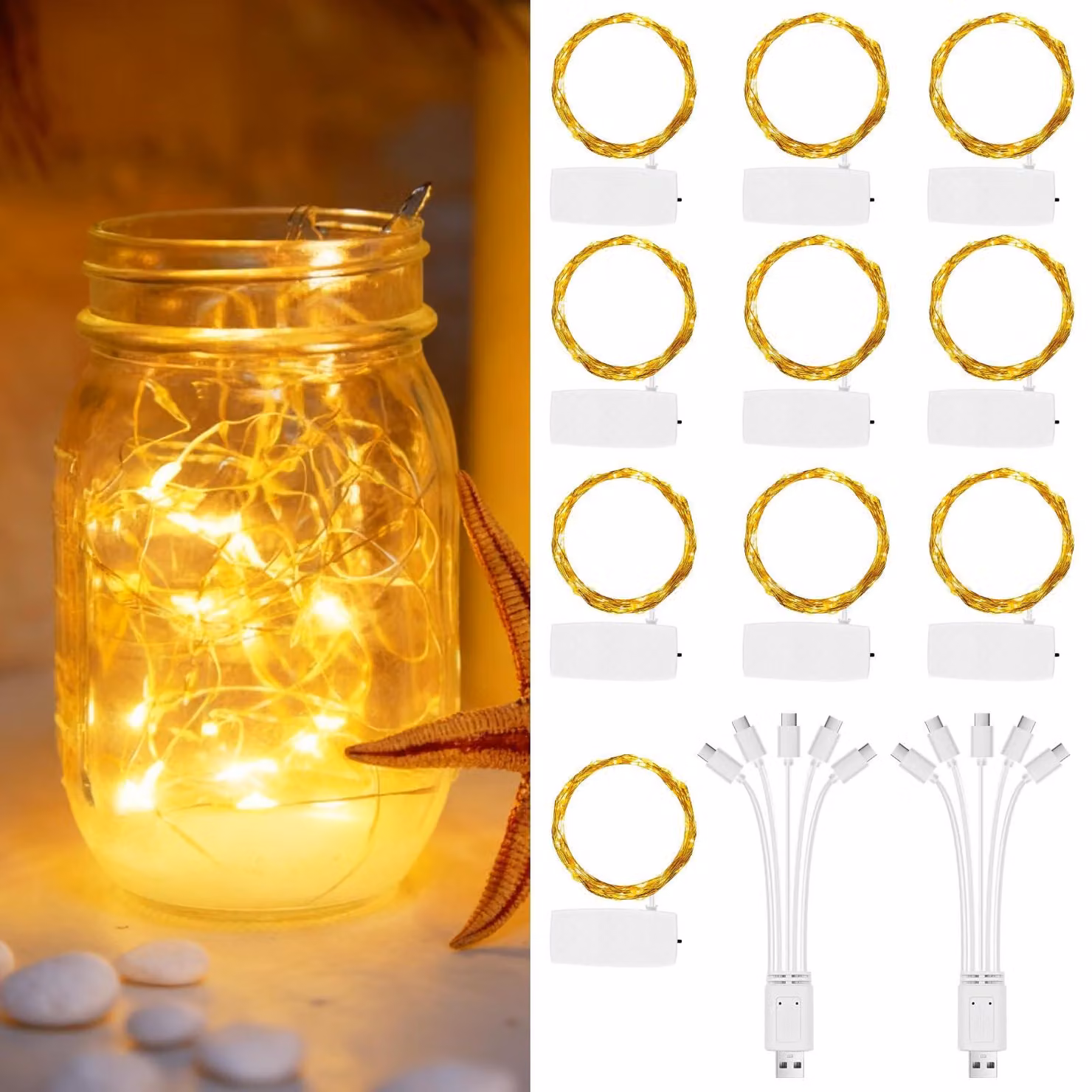 Catena luminosa a LED, 10 pezzi, luce bianco caldo, 2 metri, 20 LED, ricaricabile