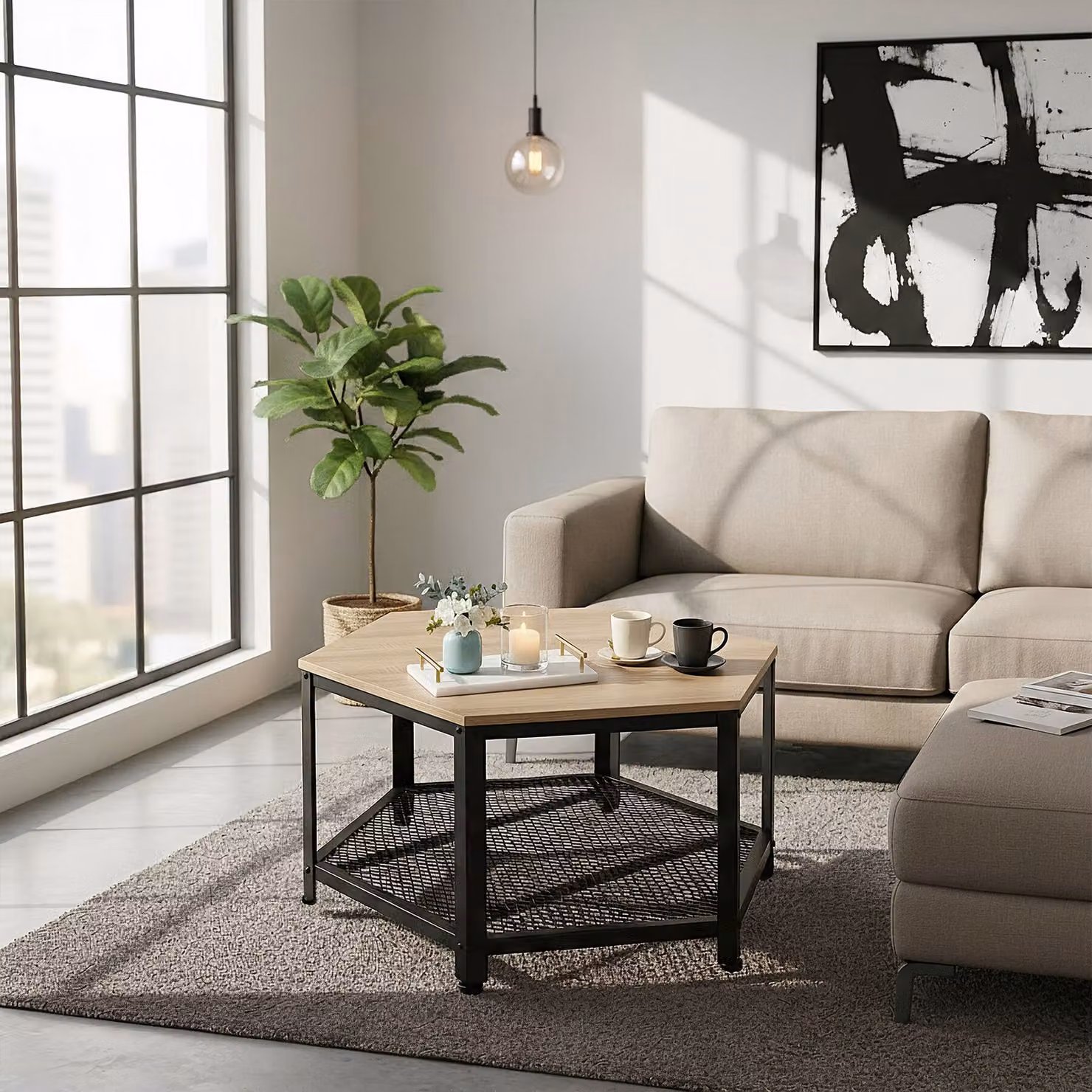 Tavolino da salotto tectake in stile industriale, colore marrone e nero, con finitura rovere e struttura in metallo, L: 86,5 cm, P: 75 cm, H: 46,5 cm – 2