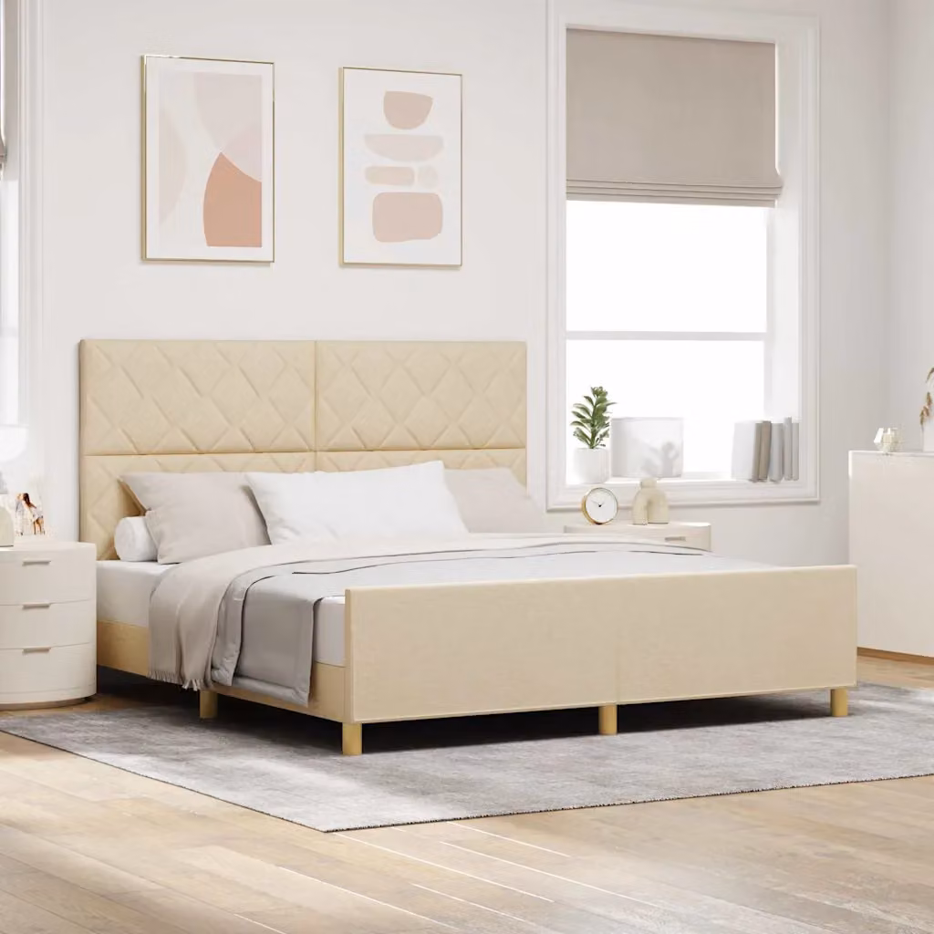 Struttura del letto con testiera vidaXL in tessuto beige e legno, L/P/H: 180 x 200 x 128 cm