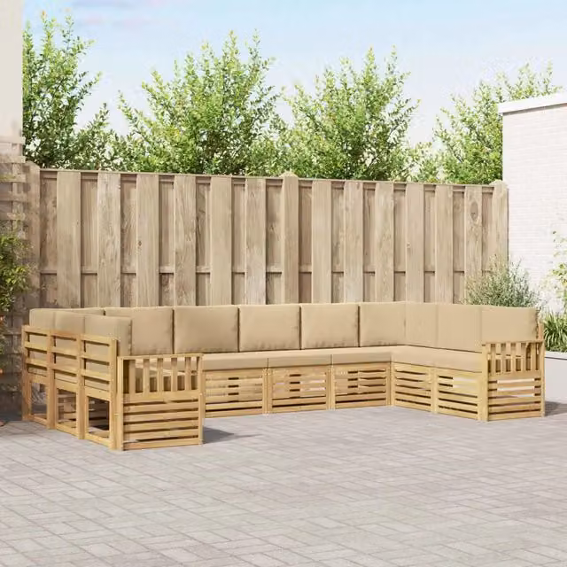 Set di divani da esterno a L vidaXL in legno di acacia con cuscini bianchi e beige