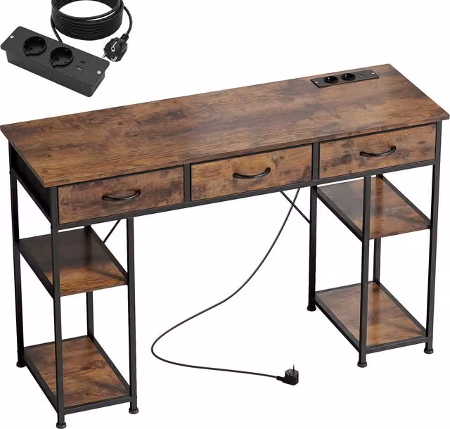 Scrivania HOMCOM con contenitore e prese di corrente, 3 cassetti in tessuto e 4 ripiani di stoccaggio, Marrone, L: 120 cm, P: 40 cm, H: 76 cm
