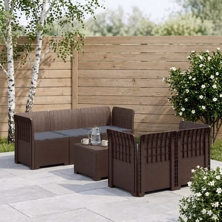 Set da giardino vidaXL a forma di L con divano da 3 posti, elemento angolare, tavolino da caffè e cuscini, in polyrattan marrone e grigio con coperture rimovibili resistenti ai raggi UV