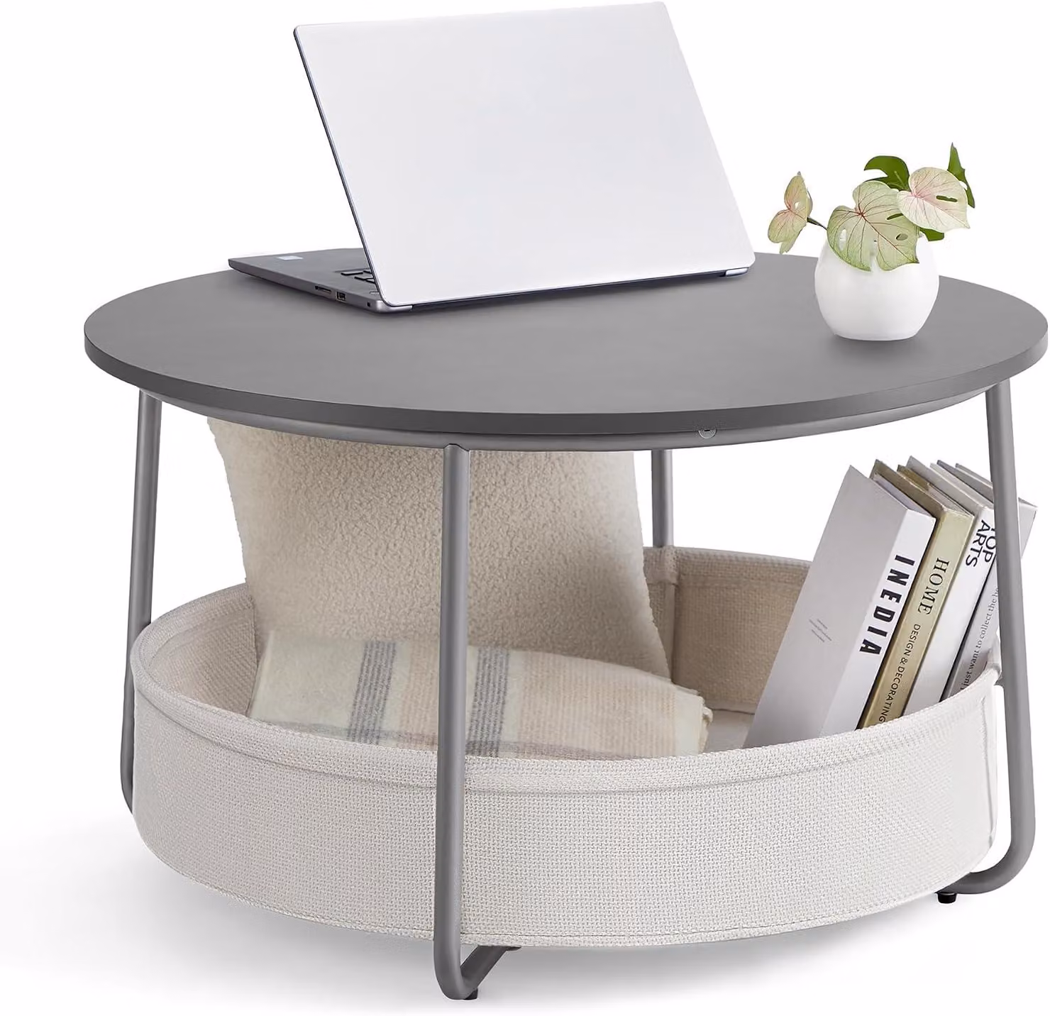 Tavolino rotondo con cesto portaoggetti - Tavolino ausiliario con cesto in tessuto - Struttura in metallo - Design moderno - Diametro 75 cm