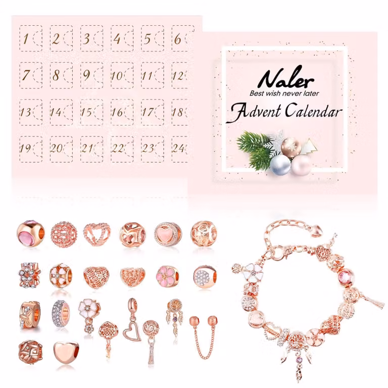 Calendario dell'Avvento con 24 gioielli e un braccialetto, in rosa oro
