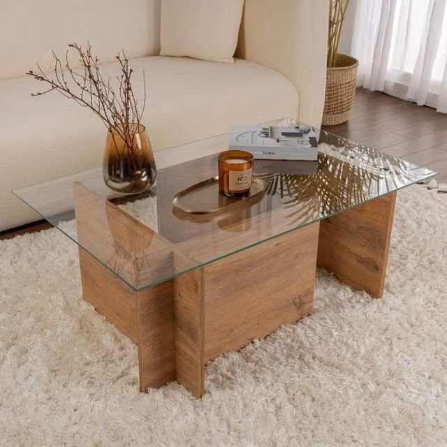 Tavolino da salotto Azriel DMORA in legno di pino marrone e vetro trasparente, L: 105 cm, P: 65 cm, H: 40 cm
