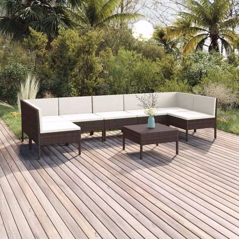 vidaXL Set Divani da Giardino 8 pz a Forma a L con Tavolino e Cuscini Marrone e Bianco