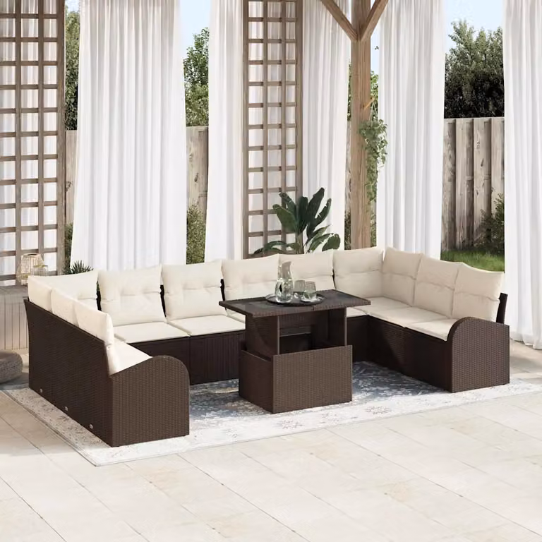 Set Divano da Giardino vidaXL 11 Pezzi in Polyrattan Marrone e Beige con Tavolino e Cuscini