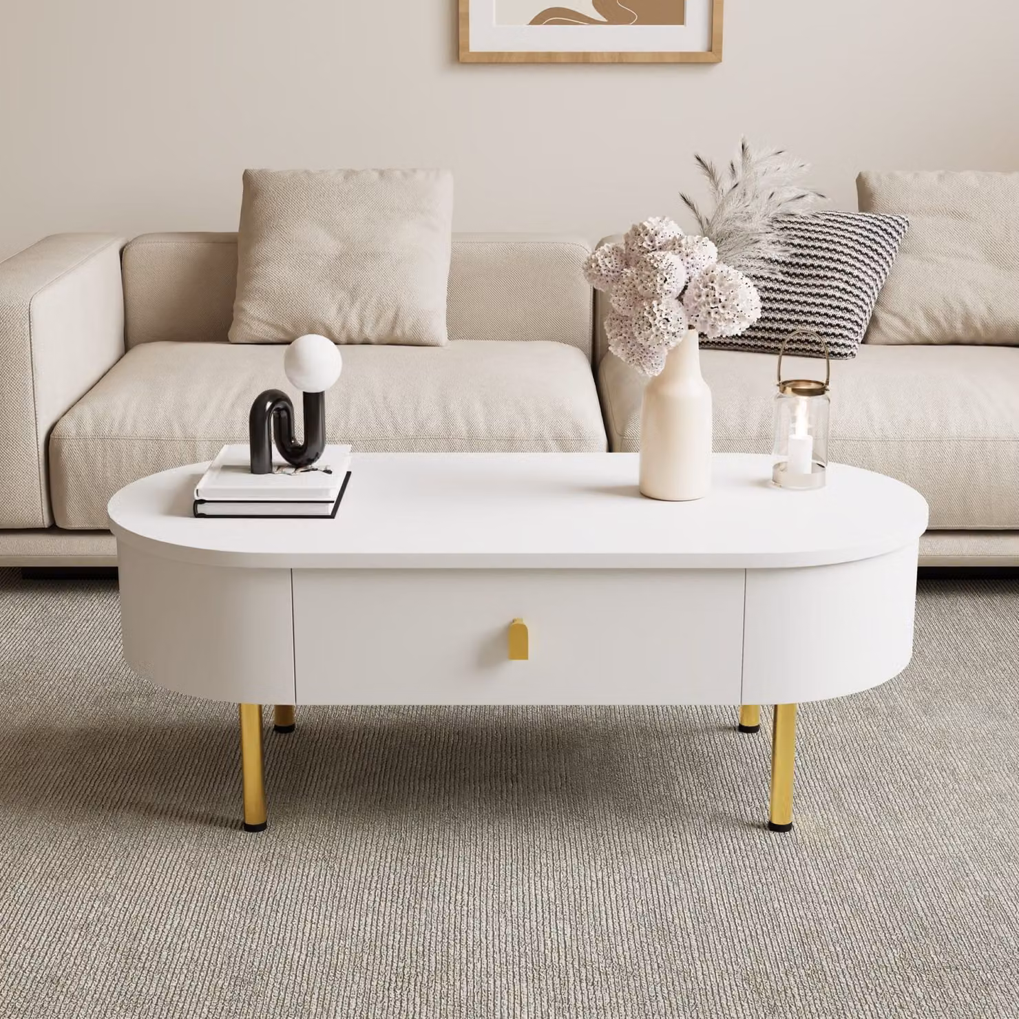 Tavolino da salotto moderno GL Store bianco con 2 cassetti, angoli arrotondati e dettagli dorati, L: 108 cm, P: 50 cm, H: 40 cm – 2