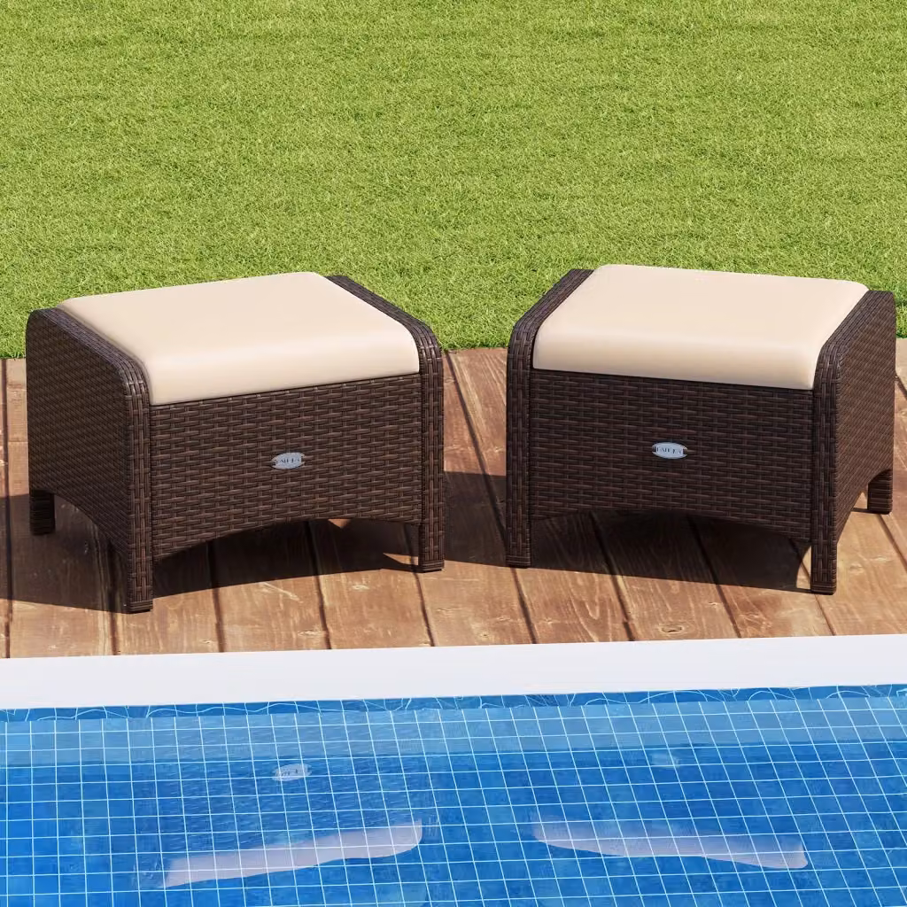Set di 2 poggiapiedi da giardino in rattan sintetico con cuscini rimovibili resistenti alle intemperie, Pouf da esterno moderno Beige