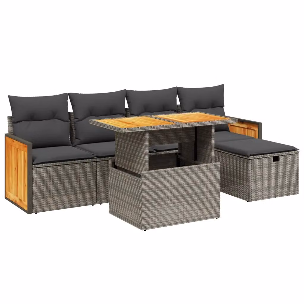 vidaXL Set Divano da Giardino a L 6 pz in Polyrattan Grigio con Cuscini e Tavolino da Esterno – 2