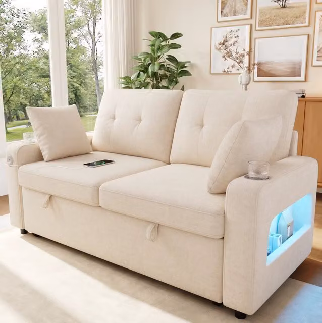 Divano letto estraibile 2 posti in ciniglia beige con LED; USB/Type-C e contenitore HOMVRA