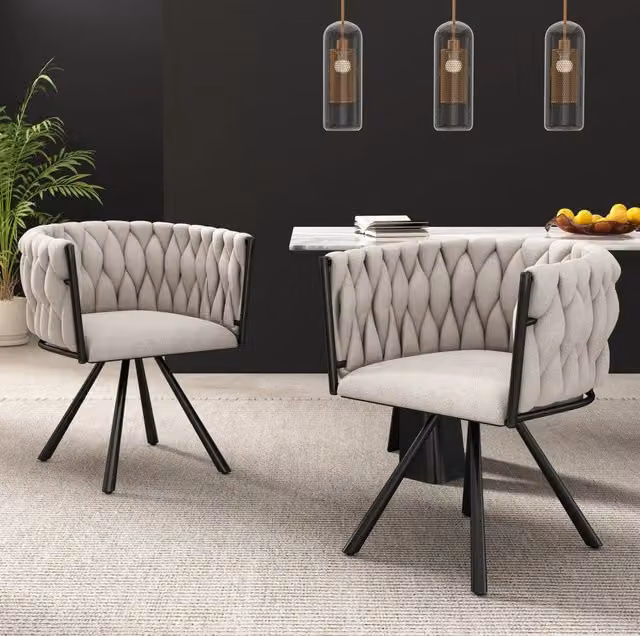 Set di 2 sedie da pranzo girevoli a 360° in lino e metallo; nere