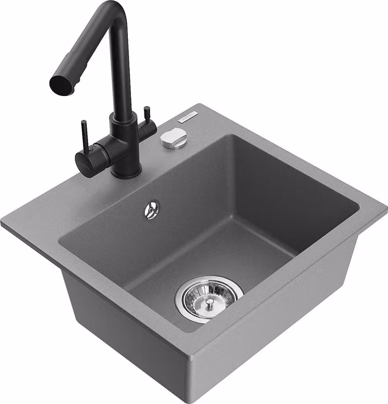 Mexen Milo lavello in granito a 1 vasca con rubinetto da cucina Duero, grigio - 6505-71-671600-70