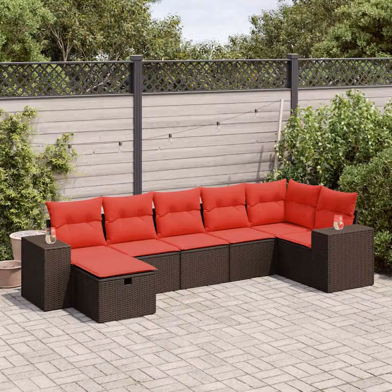 Set di divani da giardino vidaXL in polyrattan marrone con cuscini, composizione a L con elementi angolari, poltrone e pouf