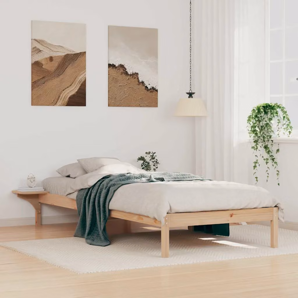 Letto moderno vidaXL in pino massello con tavolini laterali, colore naturale, L/P/H: 215.5 x 140 x 90 cm